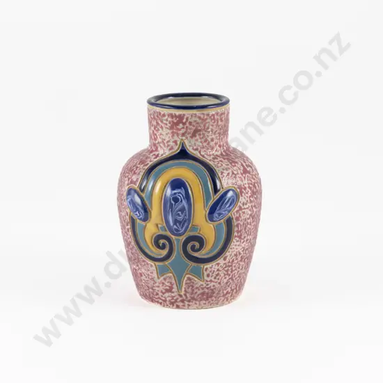 Early C20th Amphora Vase With Ceramic Cabochons on Crimson Ground