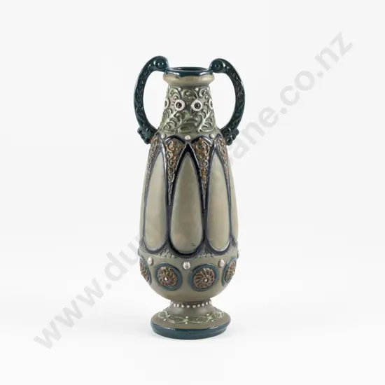 Early C20th Amphora Urn Floral Border Matt Green Ground