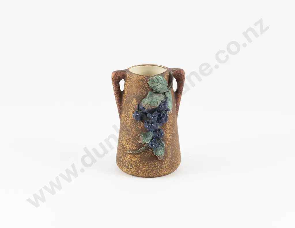 Early C20th Amphora Double Handled Vase Decorated With Stylised Blackberry Vine on Brown Ground Image 1++