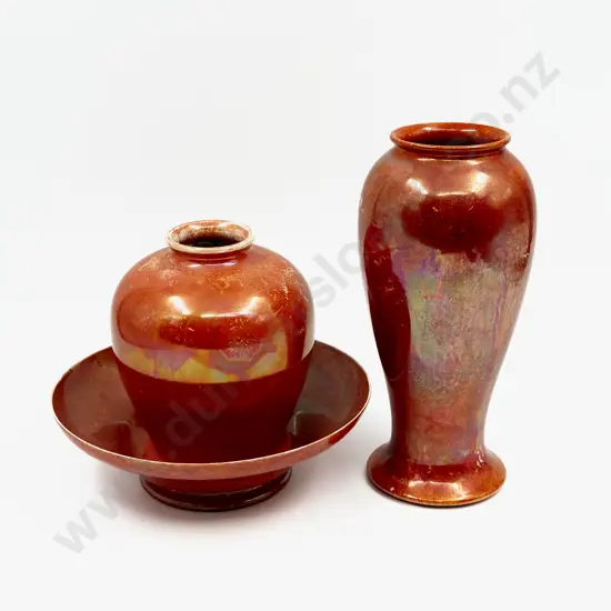 Two Ruskin Orange Lustre Vases & Bowl