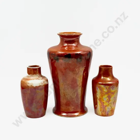 Three Ruskin Orange Lustre Vases