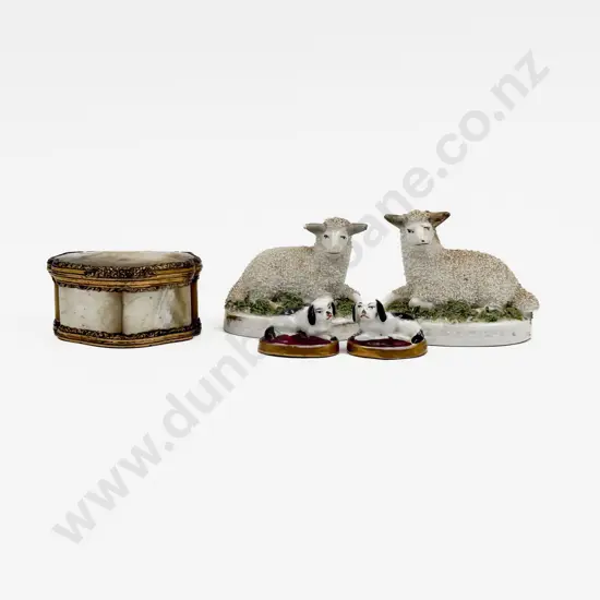 Pair German Encrusted Reclining Sheep Figures Pair Spaniel Miniatures & MOP Box