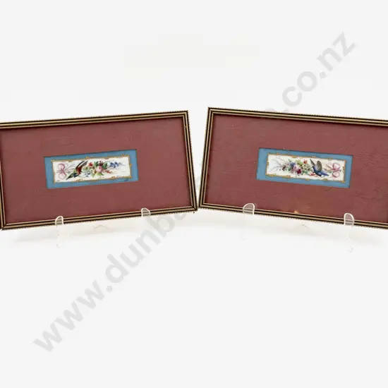 Pair Framed Sevres Pattern Hand Painted Porcelain Tiles