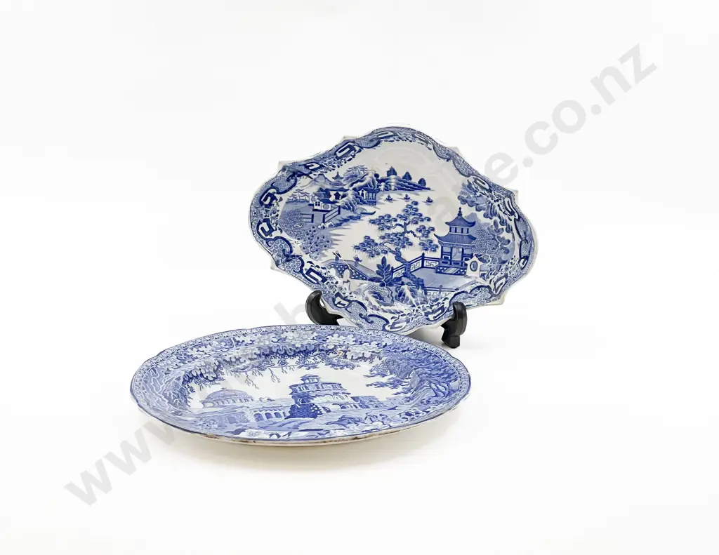 Mid C19th English Blue & White Romantic Print Plate & Serving Dish (a/f) Image 1++
