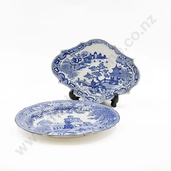Mid C19th English Blue & White Romantic Print Plate & Serving Dish (a/f)