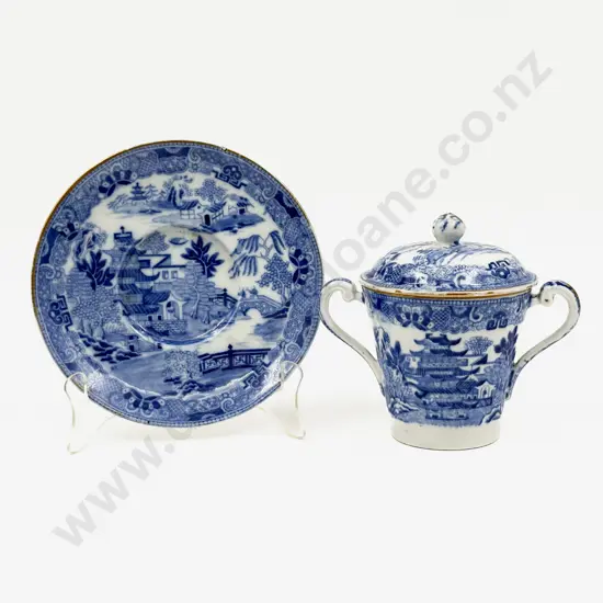 Mid C19th Blue & White Willow Pattern Trembleuse Covered Cup & Saucer