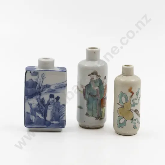 Three C19th Pianted Porcelain Snuff Bottles