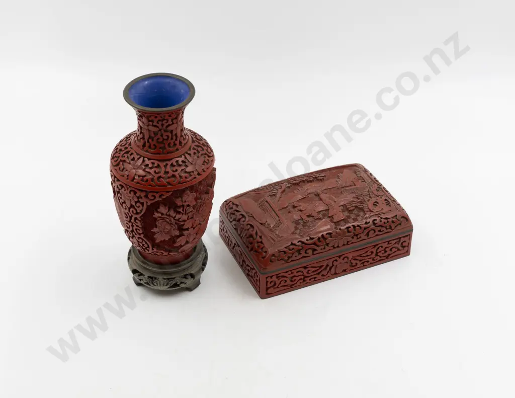 Cinnabar Lacquer Table Box & Vase Image 1++