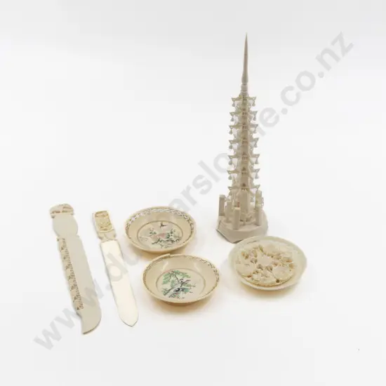 Three Carved & Painted Ivory Dishes Two Letter Openers & Tower