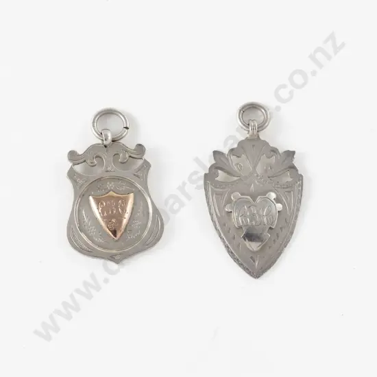 Two S/S Shield Watch Chain Fobs