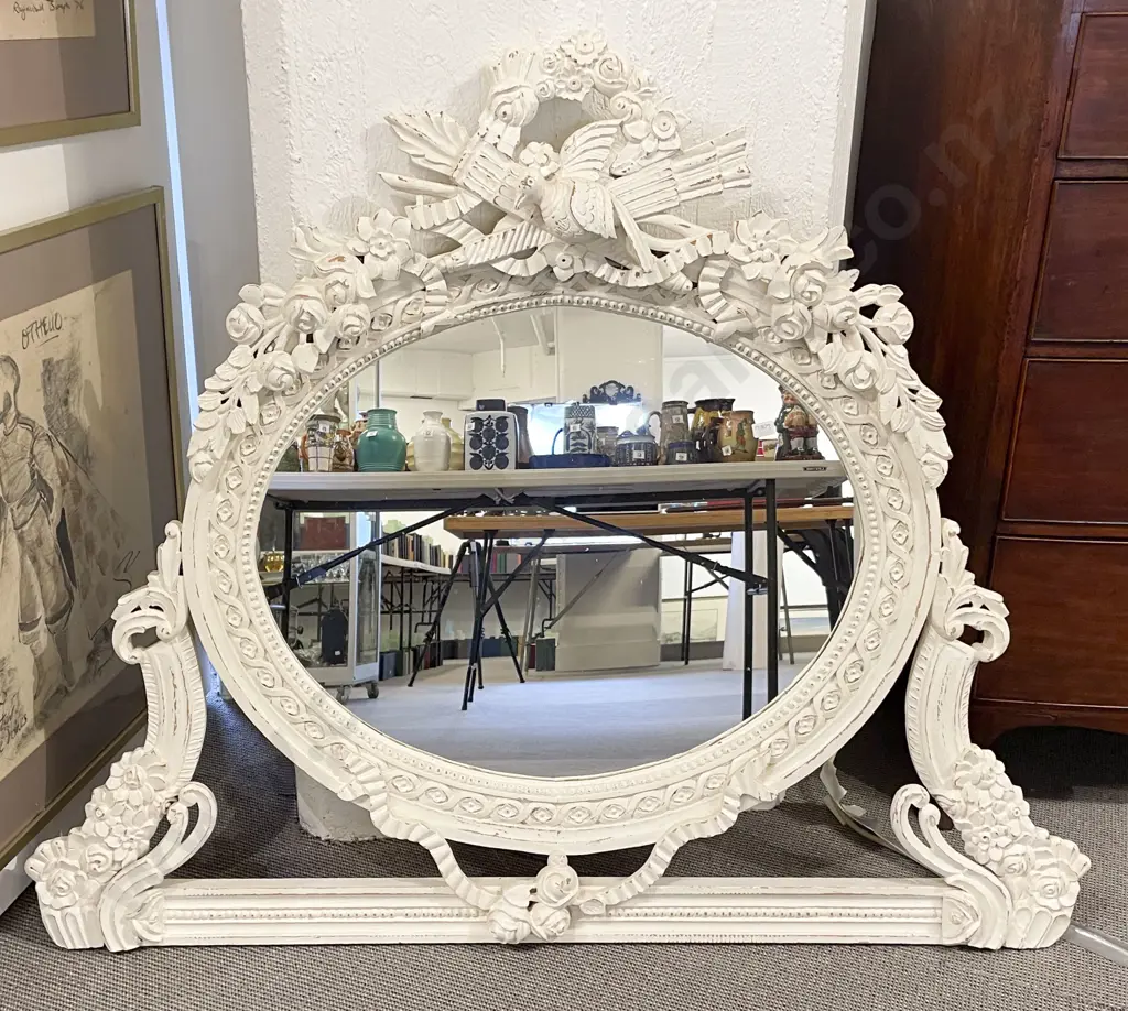 French Style White Painted Over Mantle Mirror Image 1++