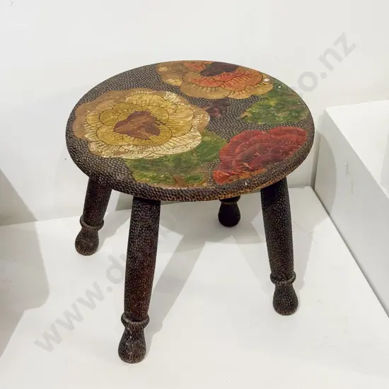Small Floral Painted Poker Work Circular Stool