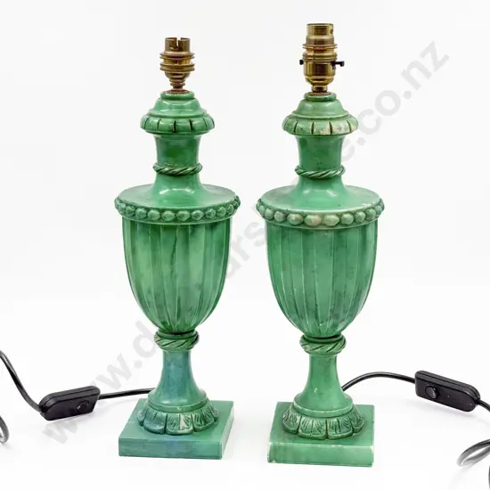 Pair Green Stained Alabaster Table Lamps