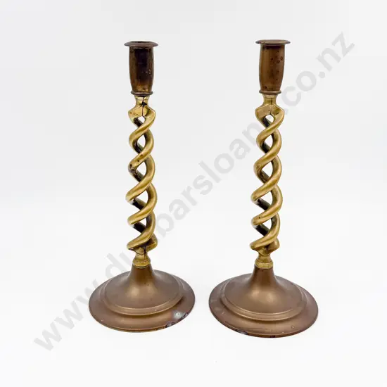 Pair Edwardian Copper & Brass Barley Twist Stem Candlesticks