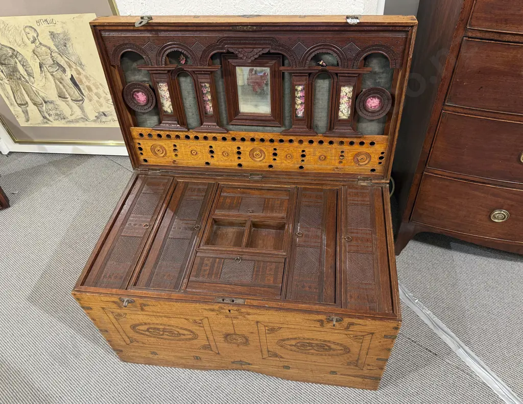 C19th Anglo Indian teak & Brass Inlaid Trunk Image 1++