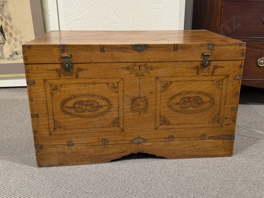 C19th Anglo Indian teak & Brass Inlaid Trunk Image 1++