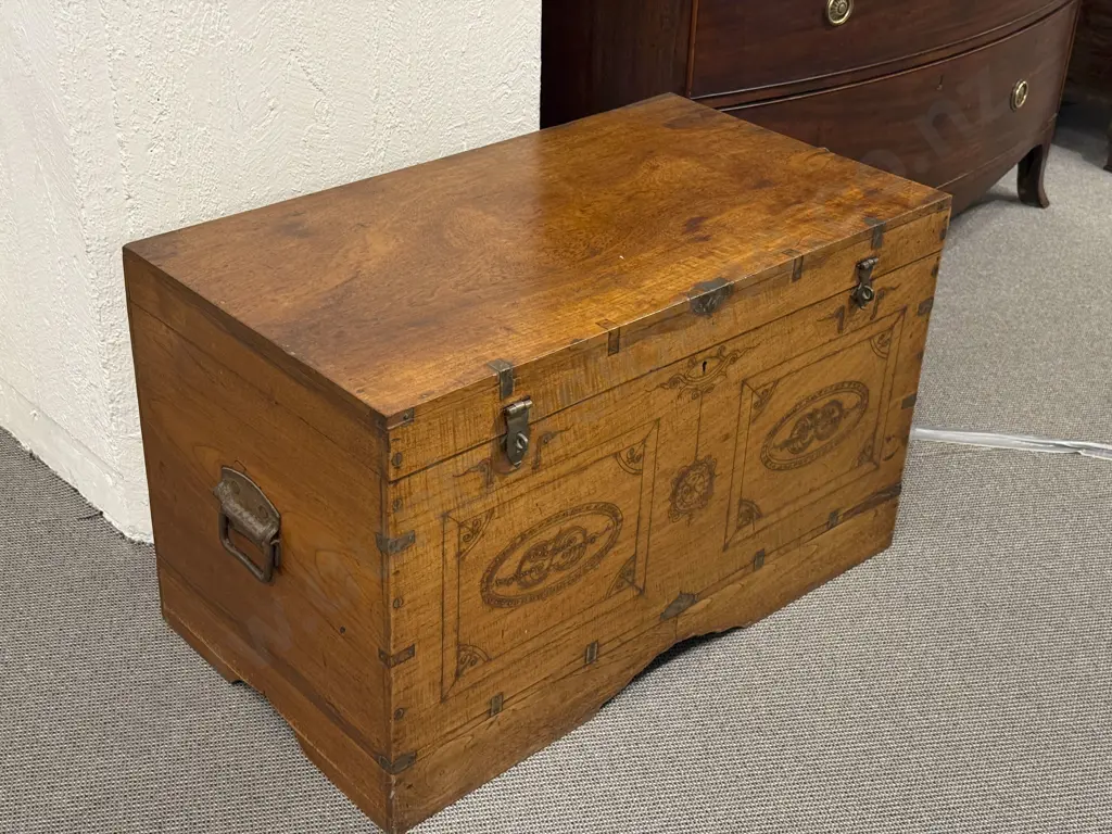 C19th Anglo Indian teak & Brass Inlaid Trunk Image 1++