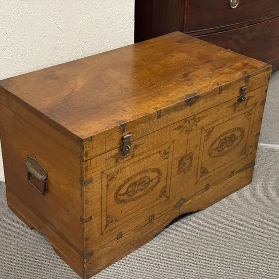 C19th Anglo Indian teak & Brass Inlaid Trunk