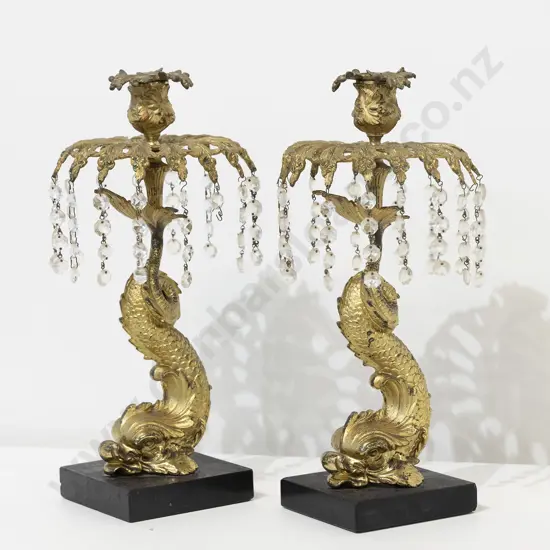 Pair C19th Gilt Bronze Dolphin Candlesticks
