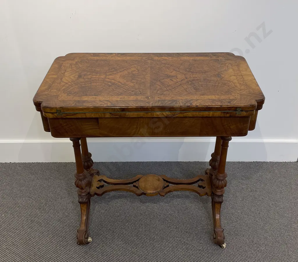 Victorian Figured Walnut & Inlaid Fold Over Card Table Image 1++