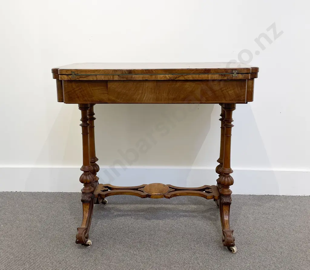 Victorian Figured Walnut & Inlaid Fold Over Card Table Image 1++