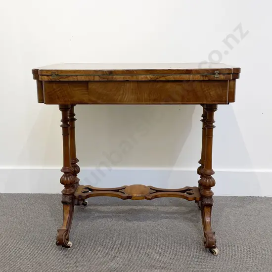Victorian Figured Walnut & Inlaid Fold Over Card Table