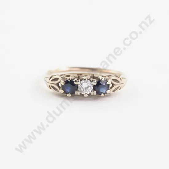 9ct Three Stone Sapphire and Diamond Bridge Ring