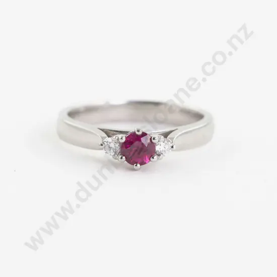 All Platinum Three Stone Diamond and Ruby Ring