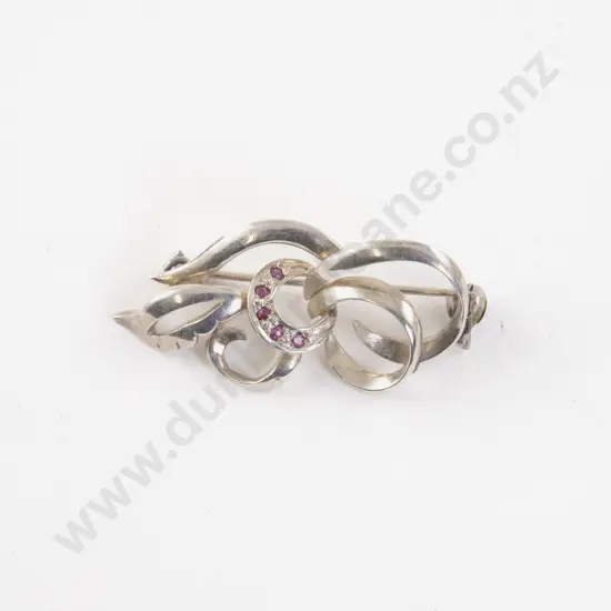 9ct White Gold Five Stone Ruby Scroll Brooch