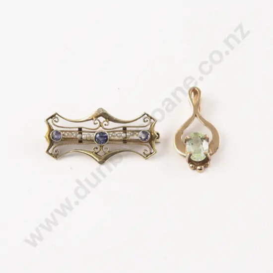 Edwardian 9ct Sapphire and Seed Pearl Brooch