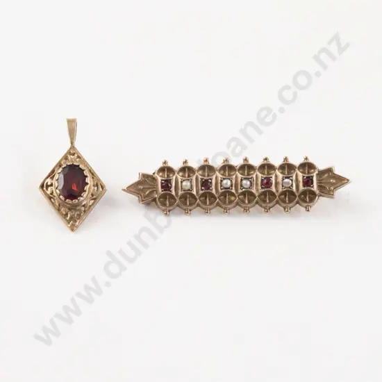 Victorian 9ct Garnet and Seed Pearl Bar Brooch