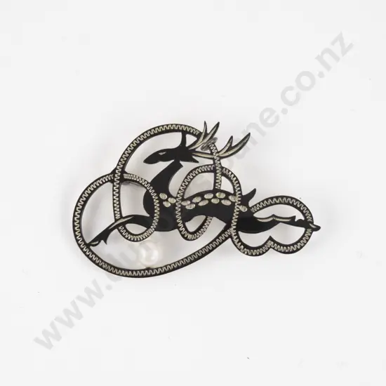 Vintage S/S and Black Enamel Single Pearl Reindeer Brooch
