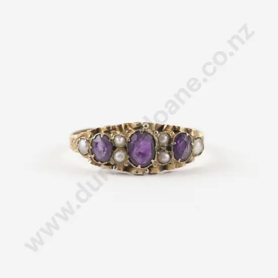 Victorian 15ct Nine Stone Amethyst and Pearl Bridge Ring