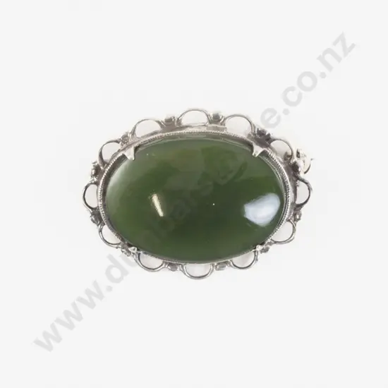 9ct White Gold Framed Oval Greenstone Panel Brooch