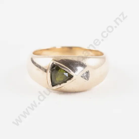 9ct Two Stone Peridot and Diamond Dome Band Ring