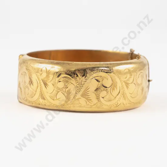 9ct Metal Core Wide Half Engraved Hinged Snap Bangle
