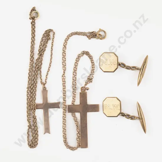 Two 9ct Cross Pendants with Pair 9ct Gents Cufflinks