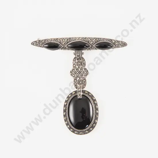 Sterling Silver and Onyx Marcasite Brooch