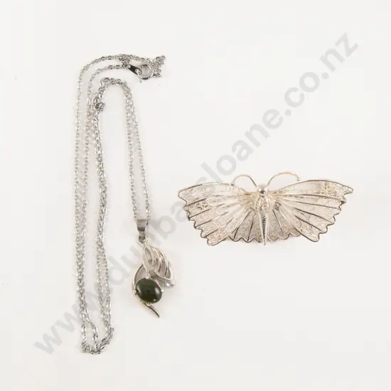 S/S Single Greenstone Pendant with Filigree Butterfly Brooch