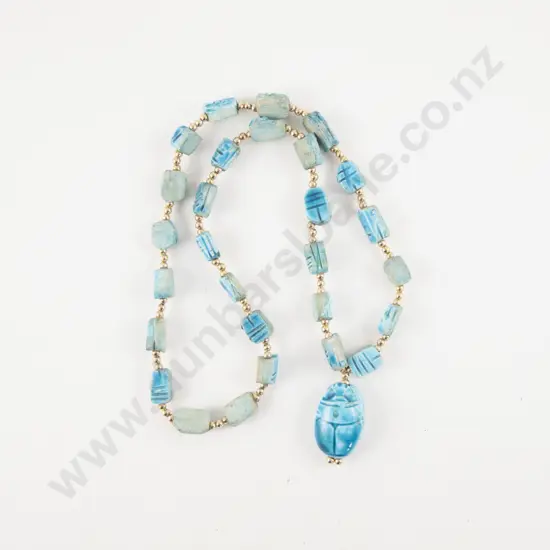 Egyptian Style Single Strand Carved Scarab Beetle Necklace