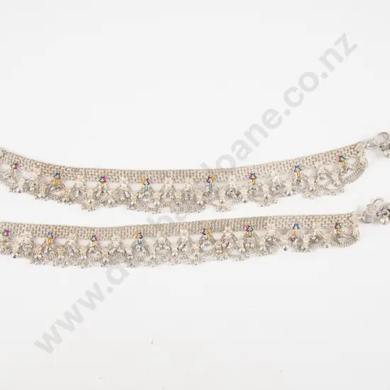 Pair Indian Silver Gem Set Anklets