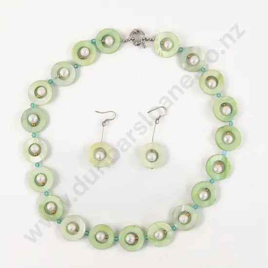 Single Strand Dyed Green MOP and Cultured Pearl Necklace with Matching Earrings