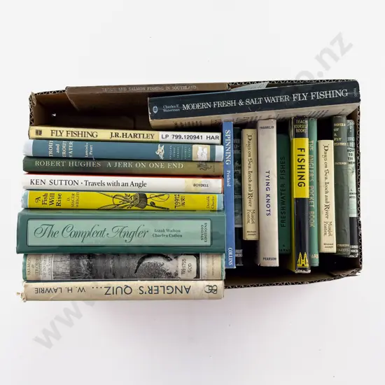 Box Of Fishing Books Including, Trout and Salmon Fishing in Southland, 1929
