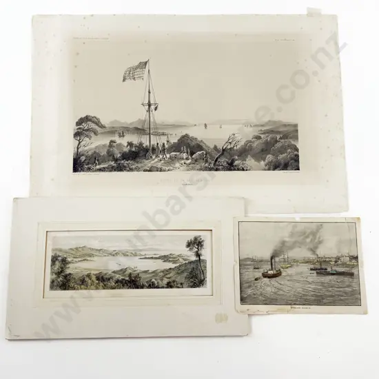 19th Century French Lithograph "Entree De La Baie Des Iles" & 2 Smaller NZ Engravings