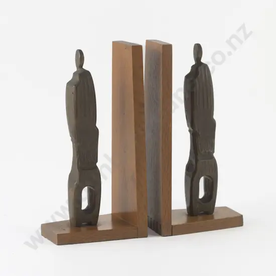 Pair of Bronze and Hardwood Bookends in the Manner of Guy Ngan