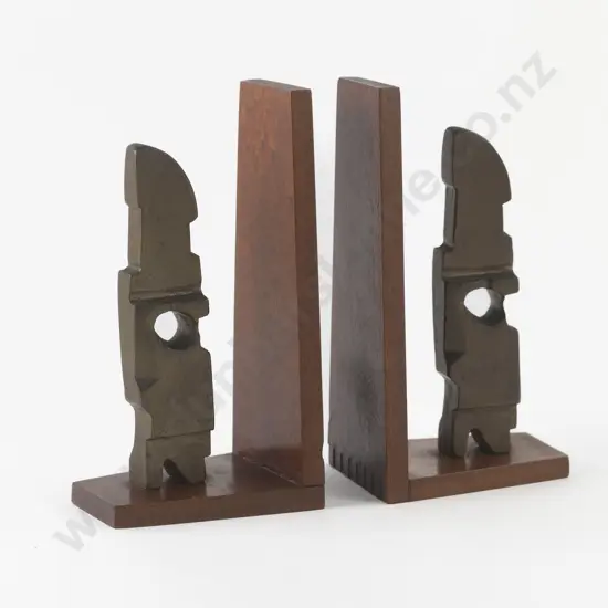 Pair of Bronze and Hardwood Bookends in the Manner of Guy Ngan