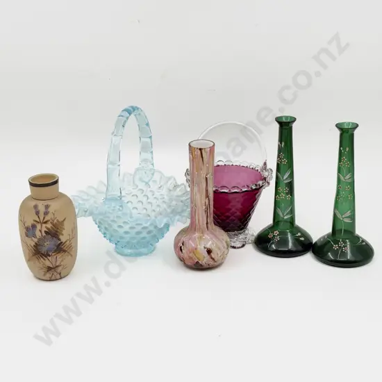 Two Art Glass Baskets & Four Assorted Vases