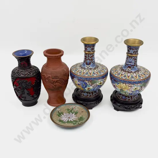 Pair of Cloisonne Vases together with Cinnabar Lacquer Vase & Two Others