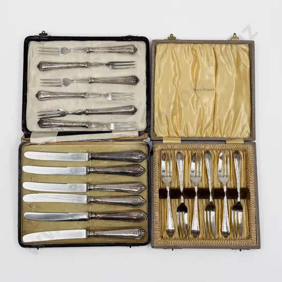 Cased Set of S/S Handled Fruit Knives together with S/S Handled Fruit Forks & Cased Set of Cake Forks