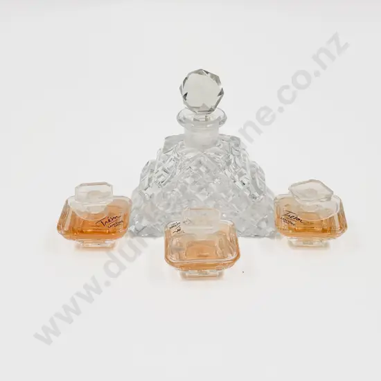Trio of Perfume Samples together with Cut Crystal Scent Bottle
